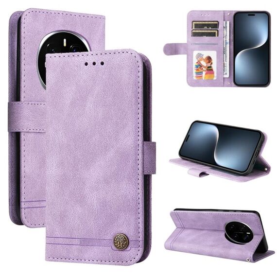 Custodia per telefono in pelle con bottoni in metallo e motivo albero della vita per Honor Magic7 Pro (viola)