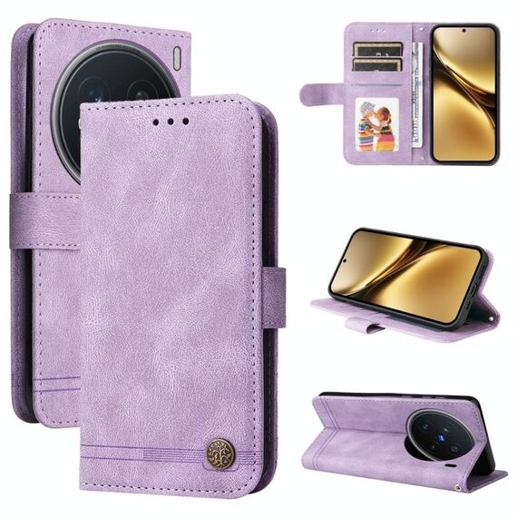 Per vivo X200 Pro Custodia in pelle con bottoni in metallo Life Tree Skin Feel (viola)