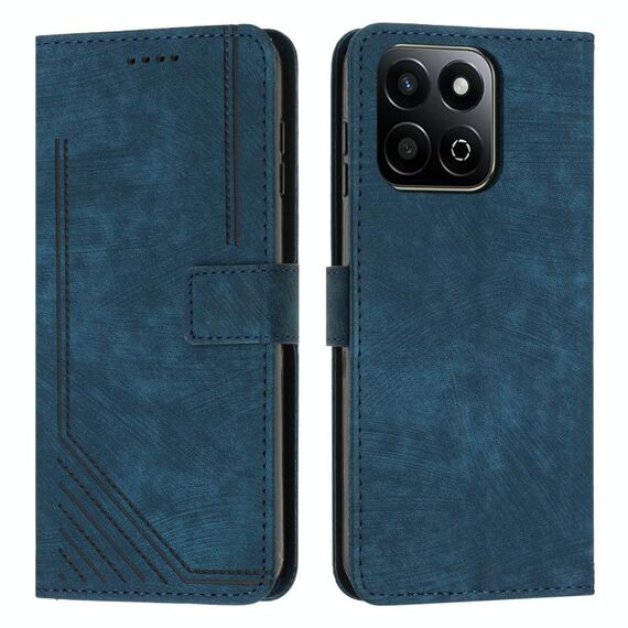 Custodia per telefono in pelle con motivo a strisce per Honor X7c con cordino (blu)