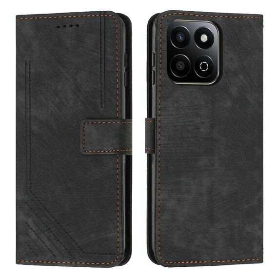 Custodia per telefono in pelle con motivo a strisce per Honor X7c con cordino (nero)
