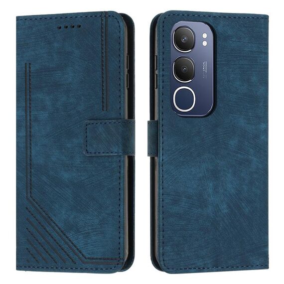 Per vivo Y19s Custodia in pelle con motivo a strisce Skin Feel con cordino (blu)