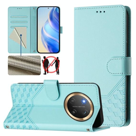 Custodia per telefono in pelle con stampa a nido d'ape RFID per Honor X9c 5G (verde menta)