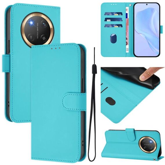 Custodia per telefono in pelle tinta unita per Honor X9C 5G Global Skin Feel con cordino (Lake Blue)