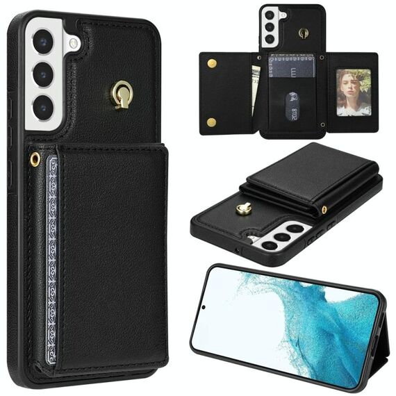 Per Samsung Galaxy S22+ 5G Custodia per telefono con tre scomparti per carte di credito e cordino lungo (nero)