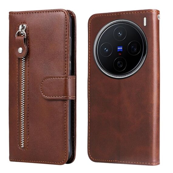 Per vivo X200 Custodia per telefono in pelle con cerniera e texture di vitello alla moda (marrone)
