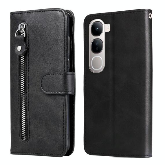Per vivo Y19s Custodia per telefono in pelle con cerniera e texture di vitello alla moda (nero)