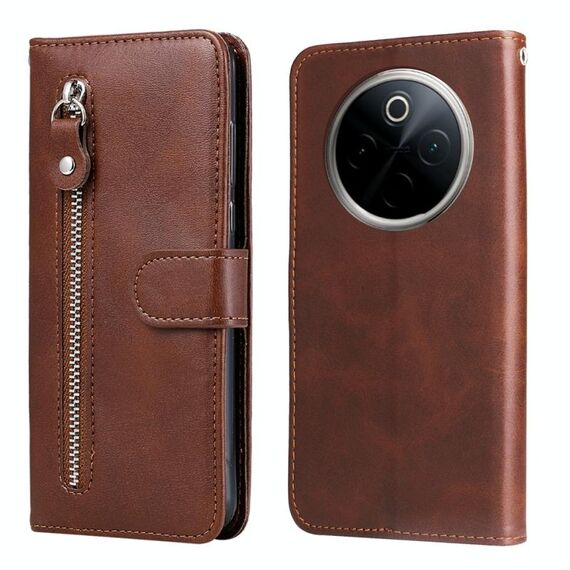 Per vivo Y300 Pro Custodia per telefono in pelle con cerniera e texture di vitello alla moda (marrone)