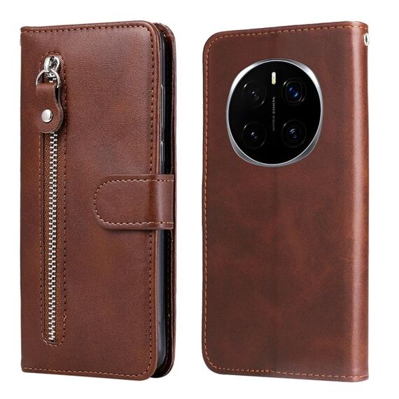 Custodia per telefono in pelle con cerniera e texture di vitello alla moda per Honor Magic7 Pro (marrone)