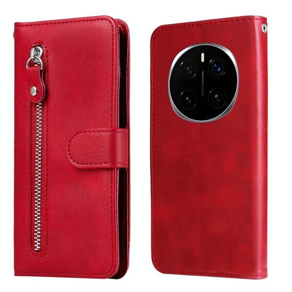 Custodia per telefono in pelle con cerniera e texture di vitello alla moda per Honor Magic7 Pro (rosso)