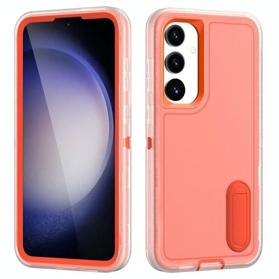 Per Samsung Galaxy S24 / S25 5G Custodia per telefono in silicone ibrido per PC robusto con supporto (trasparente + arancione)