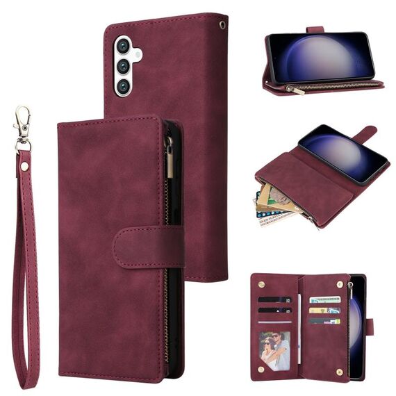 Per Samsung Galaxy S25 5G Custodia per telefono in pelle con cerniera smerigliata multifunzionale (rosso vino)