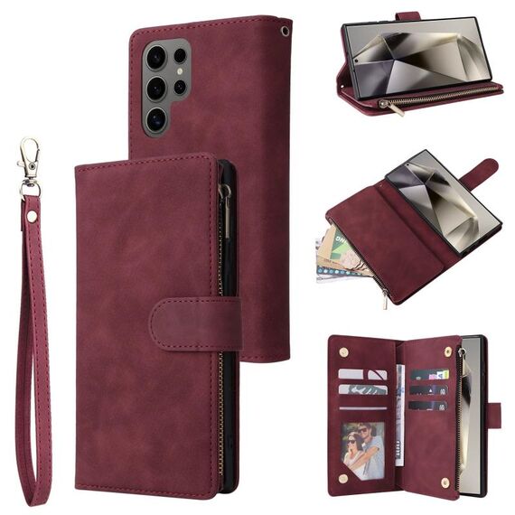 Per Samsung Galaxy S25 Ultra 5G Custodia per telefono in pelle con cerniera smerigliata multifunzionale (rosso vino)