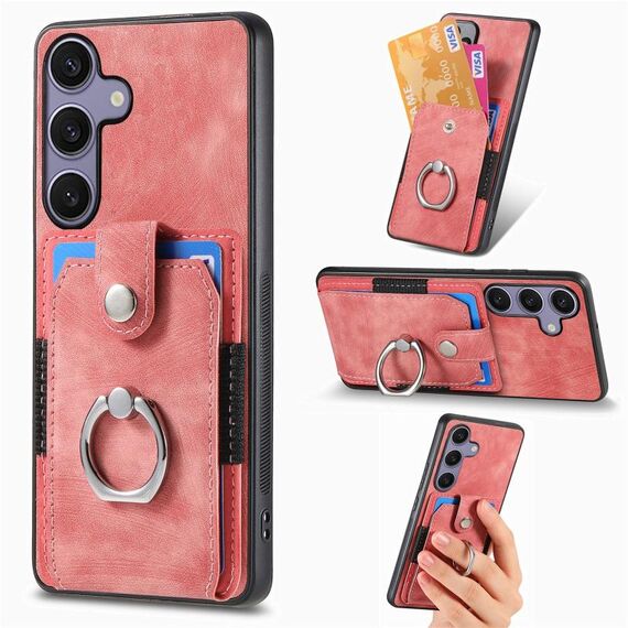 Per Samsung Galaxy S25 Ultra 5G Custodia per telefono con portafoglio e anello in pelle retrò (rosa)