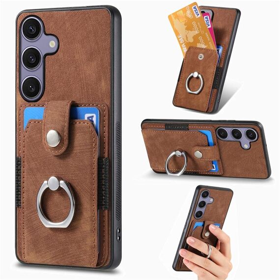 Per Samsung Galaxy S25 Ultra 5G Custodia per telefono con portafoglio e anello in pelle retrò (marrone)