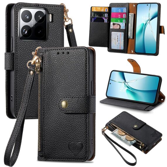Per Xiaomi 15 Pro Love Zipper Lanyard Custodia in pelle per telefono (nero)