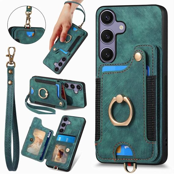Per Samsung Galaxy S25+ 5G Custodia per telefono con portafoglio multi-carta con anello retrò in pelle (verde)