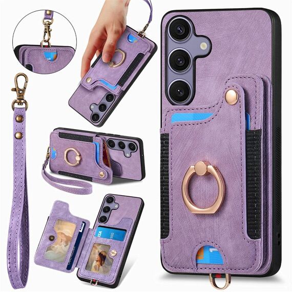 Per Samsung Galaxy S25+ 5G Custodia per telefono con portafoglio multi-carta effetto pelle retrò (viola)