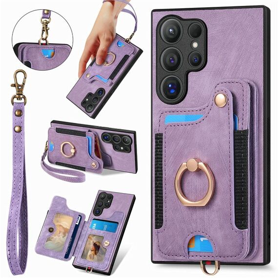 Per Samsung Galaxy S25 Ultra 5G Retro Skin-feel Ring Multi-card Wallet Phone Case (Viola)