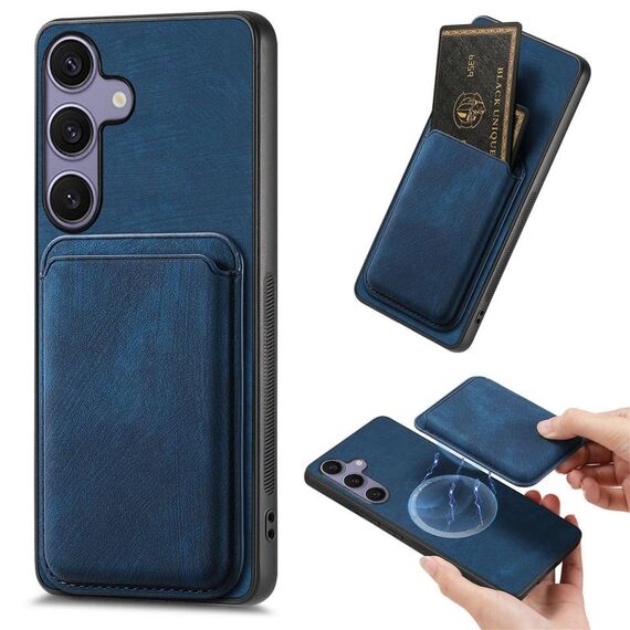 Per Samsung Galaxy S25+ 5G Retro Custodia in pelle con carta magnetica per telefono (blu)