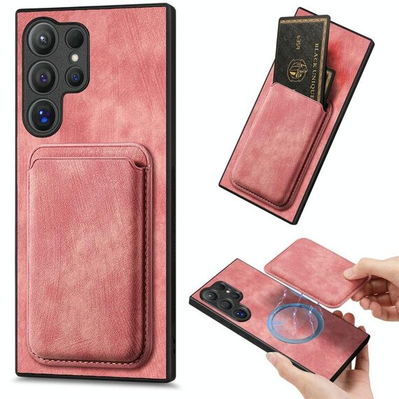 Per Samsung Galaxy S25 Ultra 5G Retro Custodia in pelle con carta magnetica per telefono (rosa)