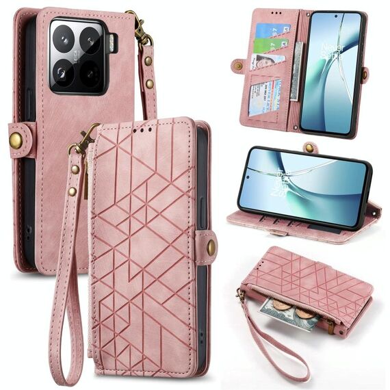 Per Xiaomi 15 Custodia per telefono in pelle con fibbia laterale con cerniera geometrica (rosa)