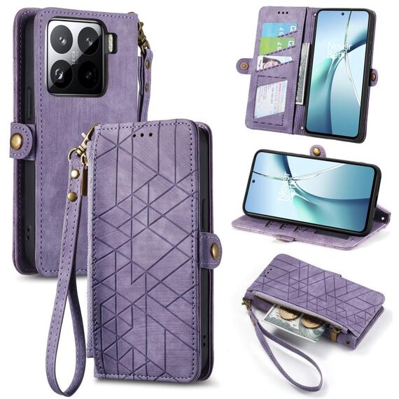 Per Xiaomi 15 Pro Custodia per telefono in pelle con fibbia laterale con cerniera geometrica (viola)