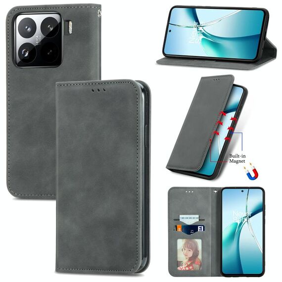 Per Xiaomi 15 Pro Retro Skin Feel Custodia in pelle magnetica Flip Phone (grigio)