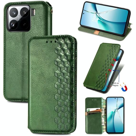 Per Xiaomi 15 Custodia per telefono in pelle magnetica pressata a griglia cubica (verde)