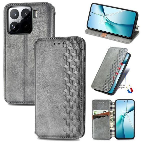 Per Xiaomi 15 Custodia per telefono in pelle magnetica pressata a griglia cubica (grigio)