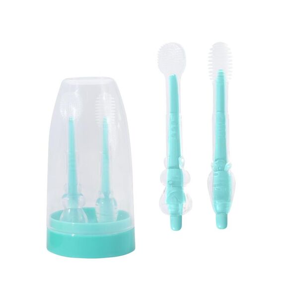 Spazzolino da denti per bambini in silicone alimentare + spazzolino per la lingua, spazzolino per la pulizia orale dei bambini, colore: blu