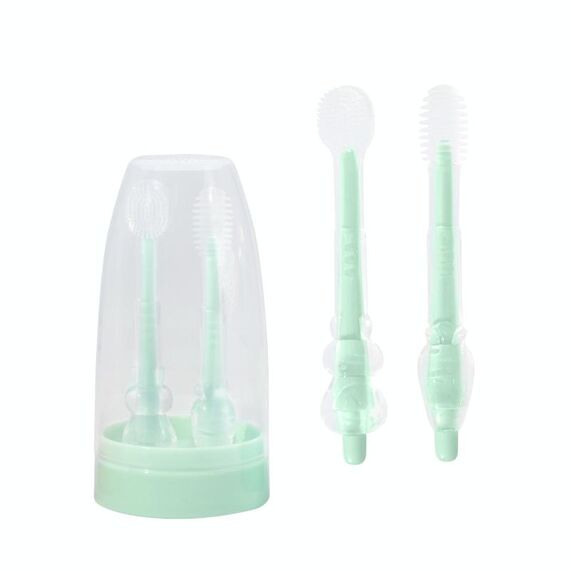 Spazzolino da denti per bambini in silicone alimentare + spazzolino per la lingua, spazzolino per la pulizia orale dei bambini, colore: verde