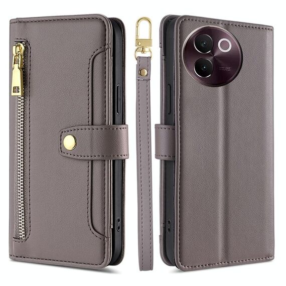 Per vivo V30e 5G Global Sheep Texture Portafoglio con cerniera in pelle Custodia per telefono (grigio)