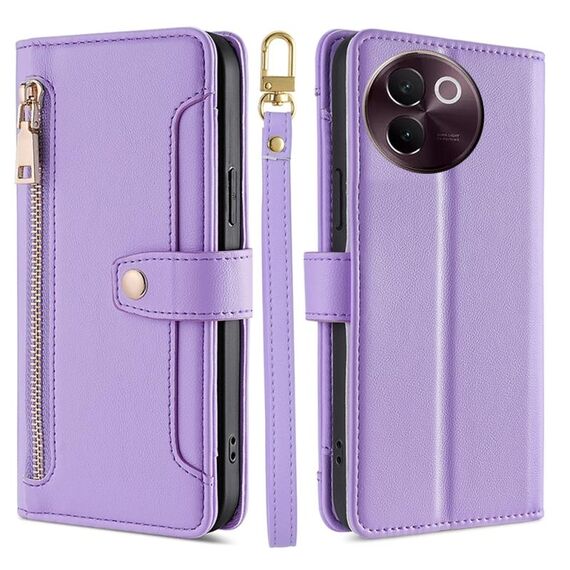 Per vivo V30e 5G Global Sheep Texture Portafoglio con cerniera in pelle Custodia per telefono (viola)