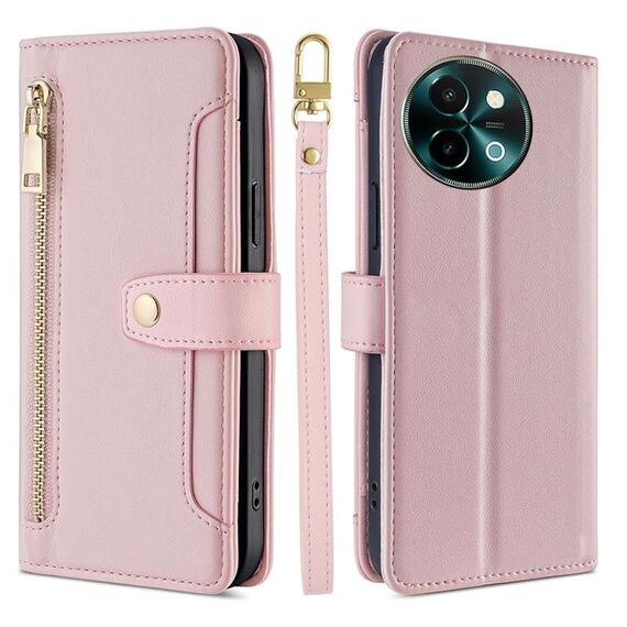Per vivo Y38 5G / T3x Global Sheep Texture Portafoglio a tracolla con cerniera Custodia per telefono in pelle (rosa)