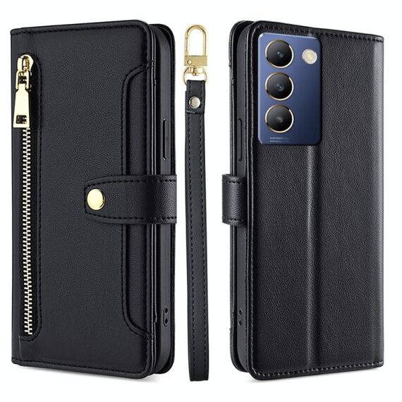 Per vivo Y100 5G IDN Sheep Texture Portafoglio a tracolla con cerniera in pelle Custodia per telefono (nero)