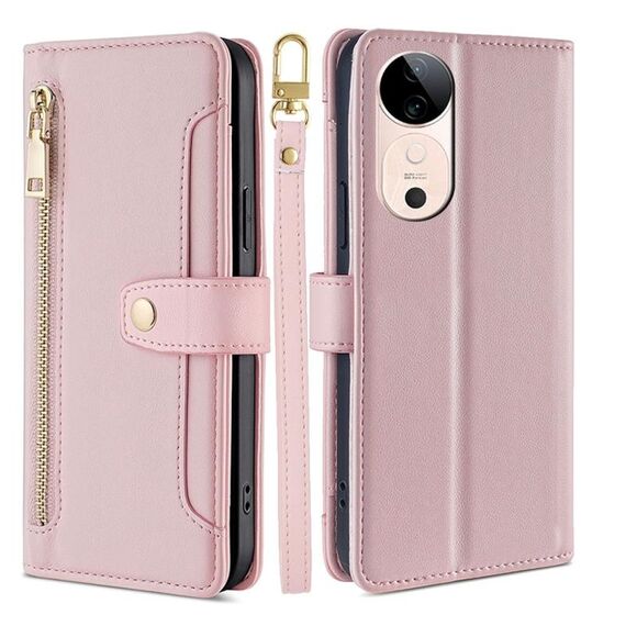 Per vivo S19 Sheep Texture Portafoglio a tracolla con cerniera Custodia per telefono in pelle (rosa)