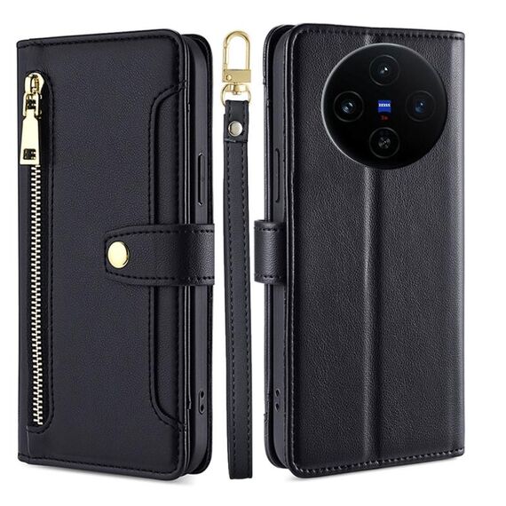 Per vivo X100s Sheep Texture Cross-body Zipper Wallet Custodia per telefono in pelle (nero)