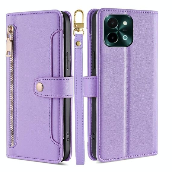 Per vivo Y28 4G Sheep Texture Portafoglio a tracolla con cerniera Custodia per telefono in pelle (viola)