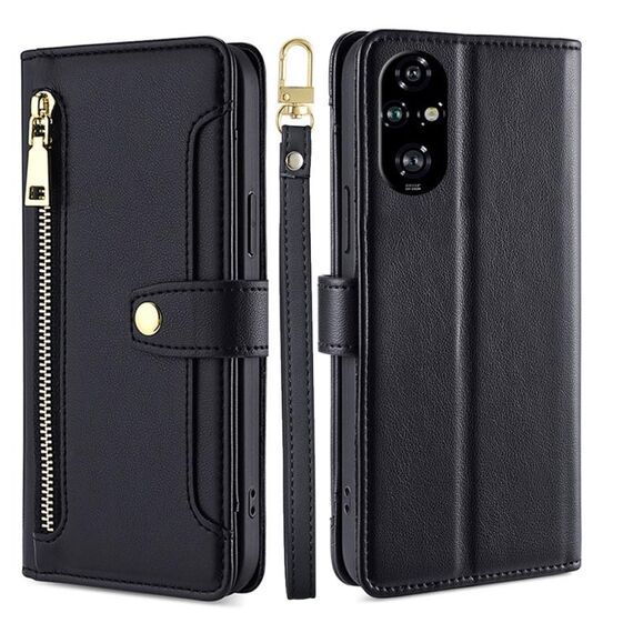 Per Honor 200 Pro 5G Custodia per telefono in pelle con cerniera a tracolla e texture di pecora (nero)