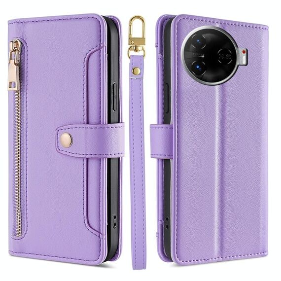 Per Tecno Camon 30 Pro 5G Sheep Texture Portafoglio a tracolla con cerniera in pelle Custodia per telefono (viola)