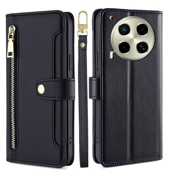 Per Tecno Camon 30 Lite Sheep Texture Portafoglio a tracolla con cerniera in pelle Custodia per telefono (nero)