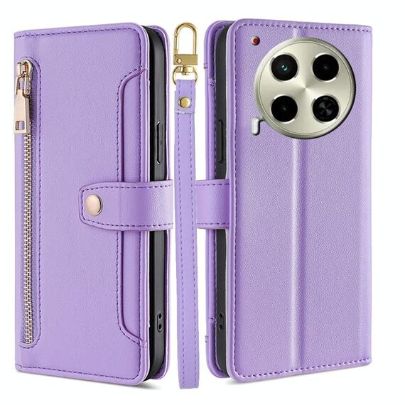 Per Tecno Camon 30 Lite Sheep Texture Portafoglio a tracolla con cerniera in pelle Custodia per telefono (viola)