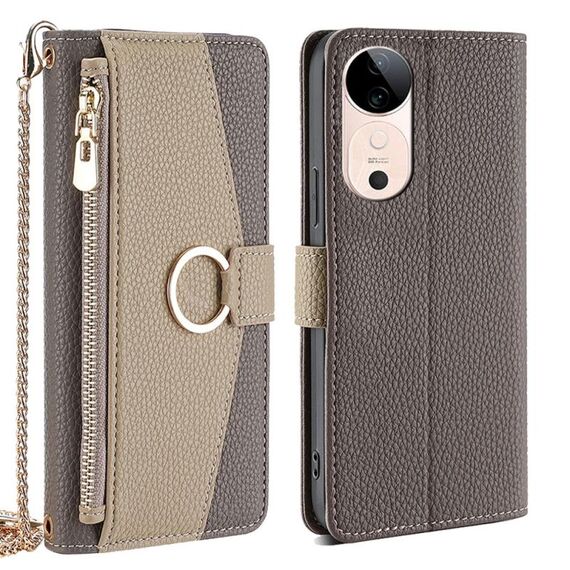 Per vivo S19 Custodia a tracolla in pelle con texture Litchi (grigio)