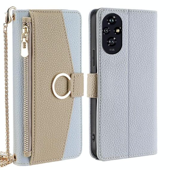 Custodia per telefono in pelle con texture litchi a tracolla per Honor 200 5G (blu)