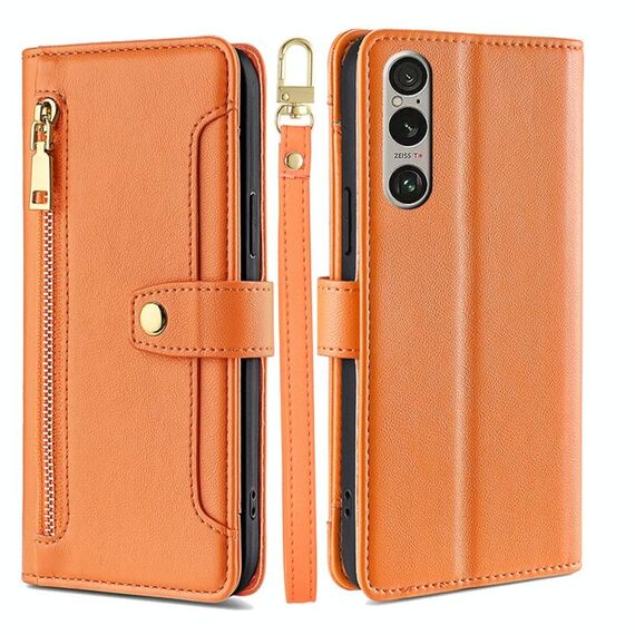 Per Sony Xperia 1 VI Lite Custodia per telefono in pelle con cerniera a tracolla con texture di pecora (arancione)