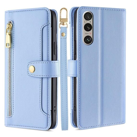 Per Sony Xperia 1 VI Lite Custodia per telefono in pelle con cerniera a tracolla e texture di pecora (blu)