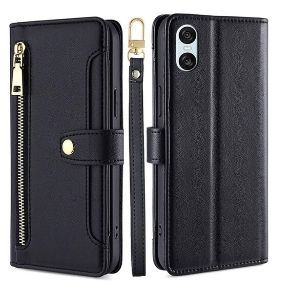 Per Sony Xperia 10 VI Lite Custodia per telefono in pelle con cerniera e tracolla con texture di pecora (nero)