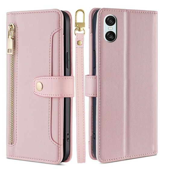 Per Sony Xperia 10 VI Lite Custodia per telefono in pelle con cerniera a tracolla con texture di pecora (rosa)