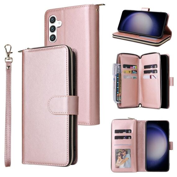 Per Samsung Galaxy S25 5G 9-Slot per schede Portafoglio con cerniera Custodia in pelle per telefono (oro rosa)