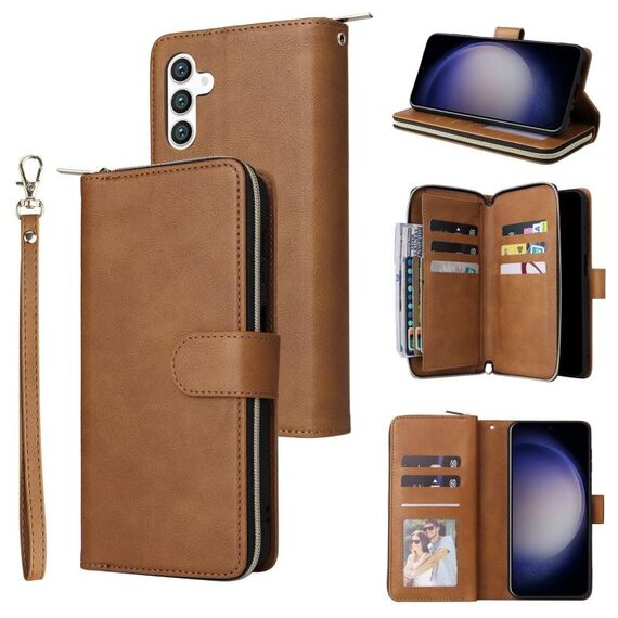 Per Samsung Galaxy S25 5G 9-Slot per schede Portafoglio con cerniera Custodia in pelle per telefono (marrone)
